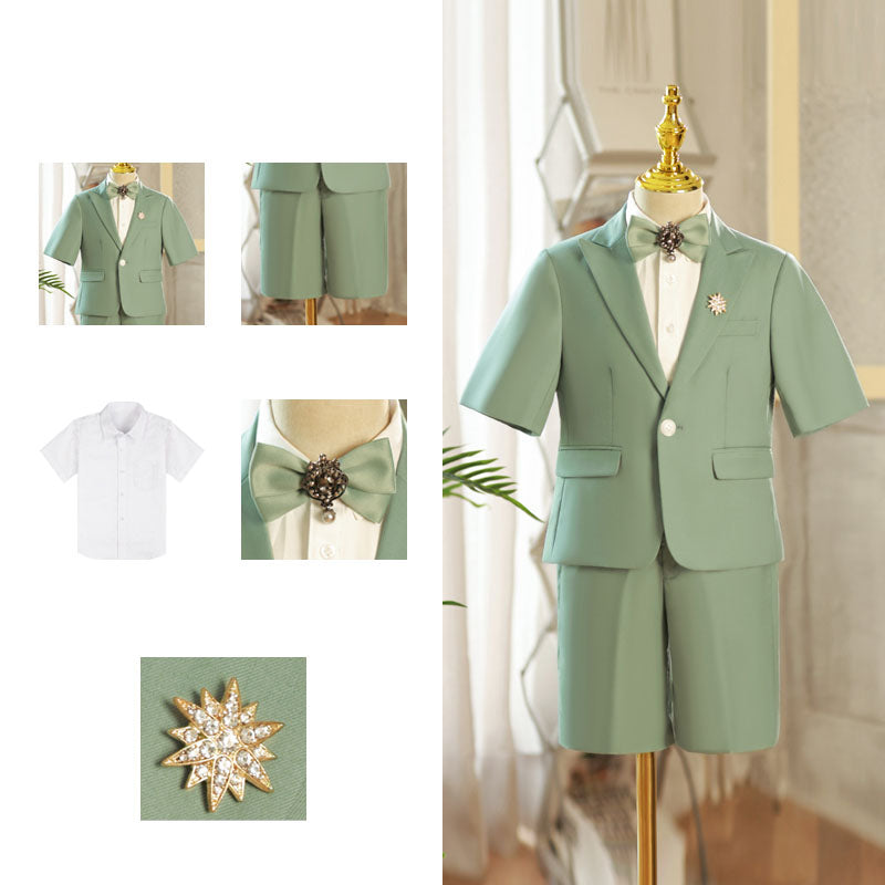 Boys Summer Gentleman Bow Tie Green British Suit Set