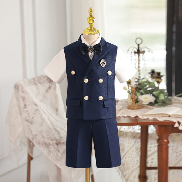 Boys Bow Tie Vest Double Breasted Waist Suit Set