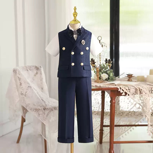 Boys Bow Tie Vest Double Breasted Waist Suit Set