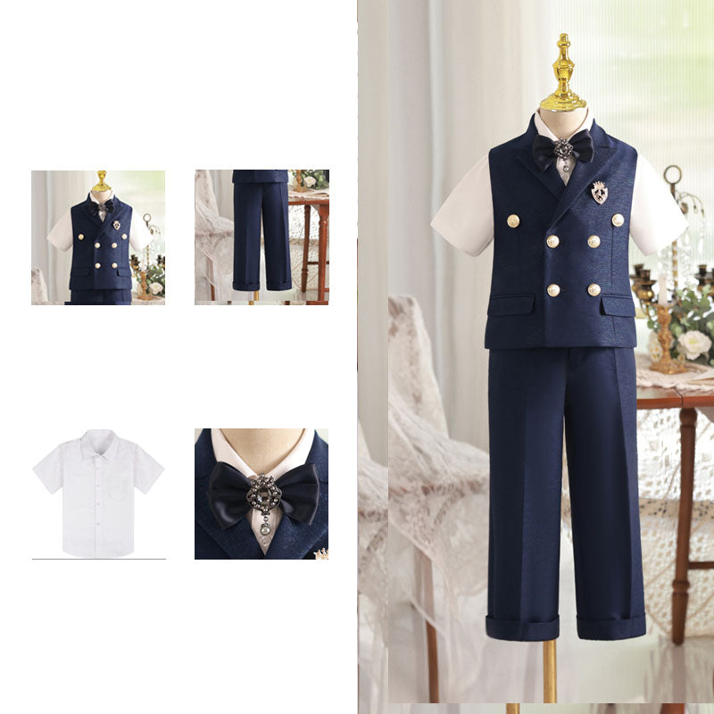 Boys Bow Tie Vest Double Breasted Waist Suit Set