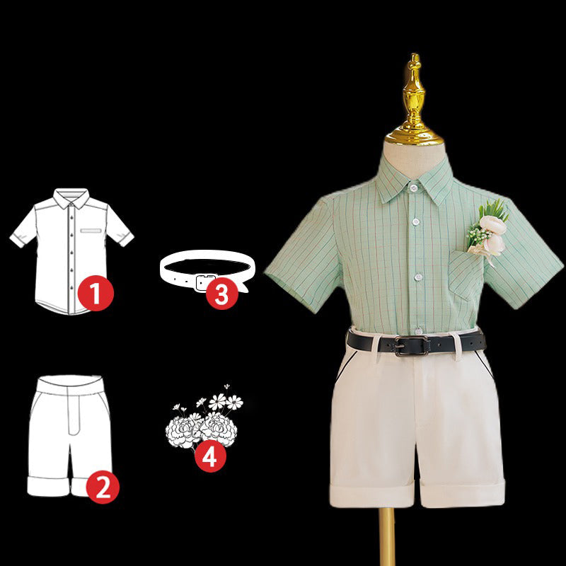 Boys Plaid Short Sleeve Suit with White Shorts