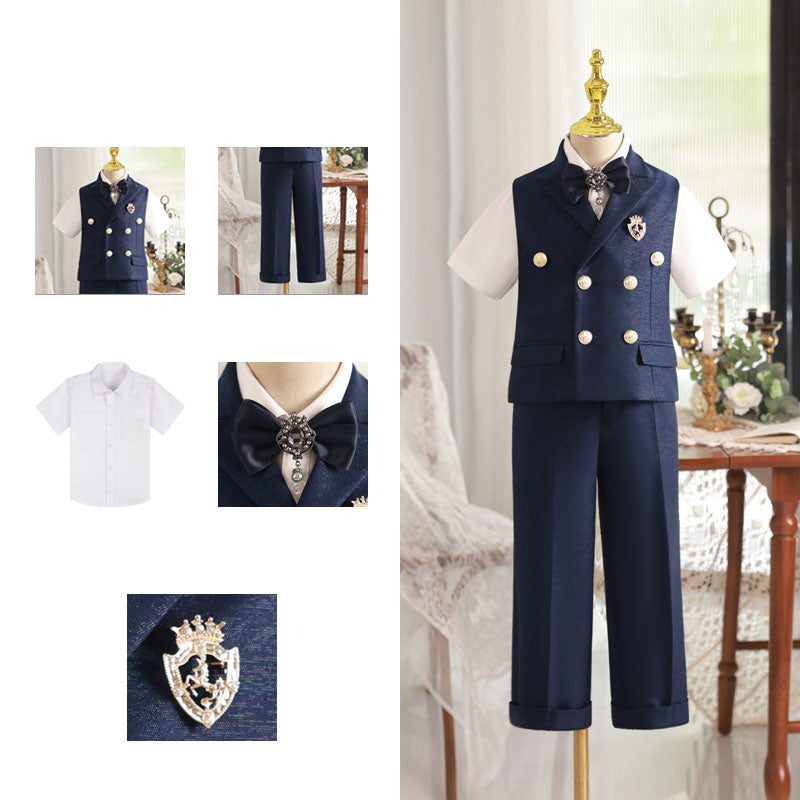 Boys Bow Tie Vest Double Breasted Waist Suit Set