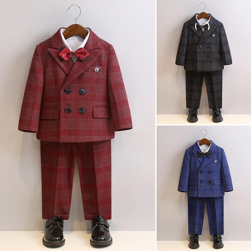 Boys Suits Boys British Plaid Performance Costumes  Six-piece Suit