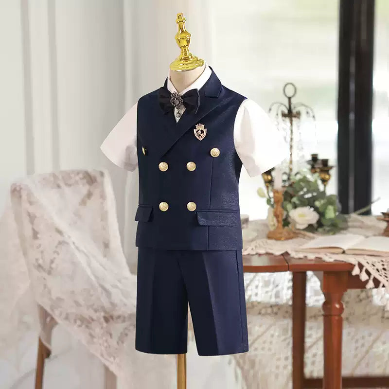 Boys Bow Tie Vest Double Breasted Waist Suit Set