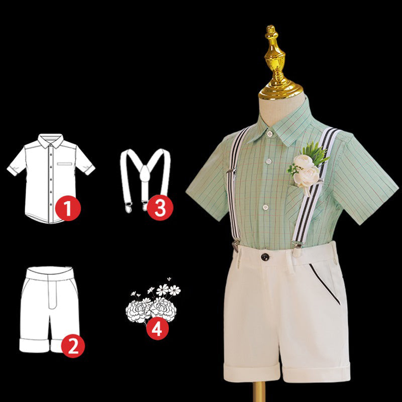 Boys Plaid Short Sleeve Suit with White Shorts