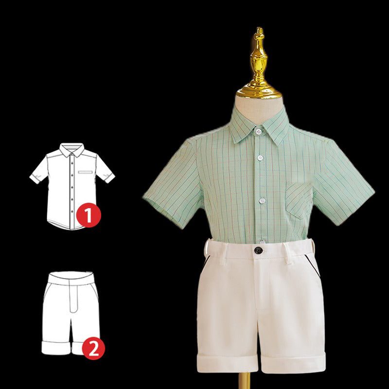 Boys Plaid Short Sleeve Suit with White Shorts