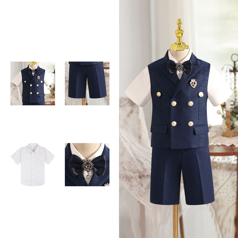 Boys Bow Tie Vest Double Breasted Waist Suit Set